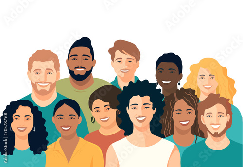 Diverse multicultural group of people waving and smiling vector illustration diversity together