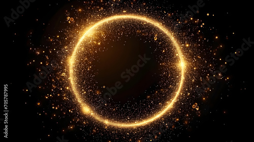 https://s.mj.run/s_aJnf02oGk Gold glitter circle of light shine sparkles and golden spark particles in circle frame on black background. Christmas magic stars glow, firework confetti of glittery ring  photo