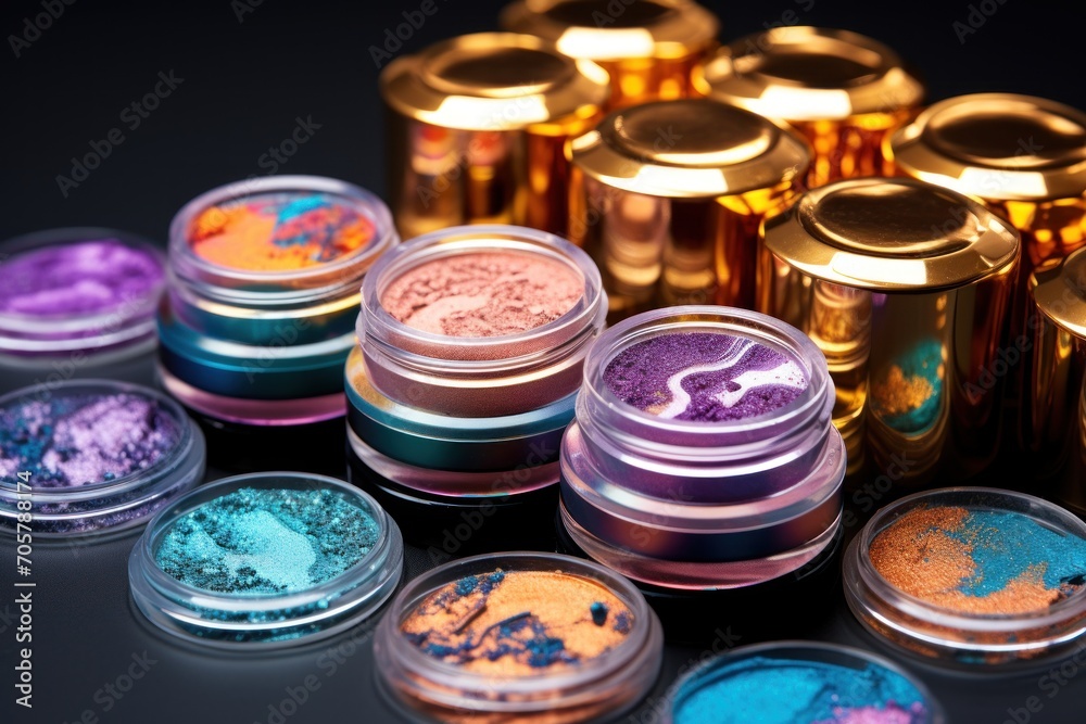 a group of different colored eyeshades sitting next to each other on top of a black surface in front of a pile of gold and purple and blue eyeshades. a group of different colored eyeshades sitting next to each other on top of a black surface in front of a pile of gold and purple and blue eyeshades.