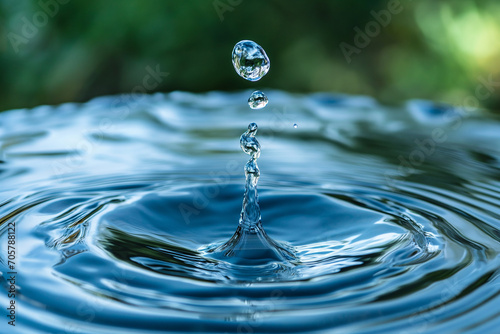 World water day concept : Water drop close-up on a blue background with ripples and waves