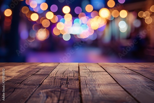 Bokeh surroundings with wood table blurry image, empty space, blur lighting, Generative AI.
