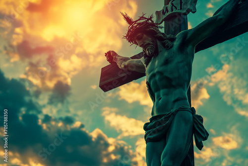 Good Friday concept : Crucifixion of Jesus Christ on the cross with dramatic sky background photo