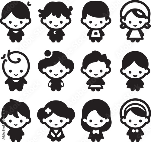 Set of silhouettes kids baby children editable vector icon in various poses