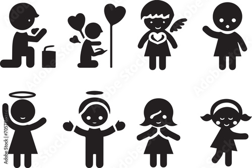 Set of silhouettes kids baby children editable vector icon in various poses