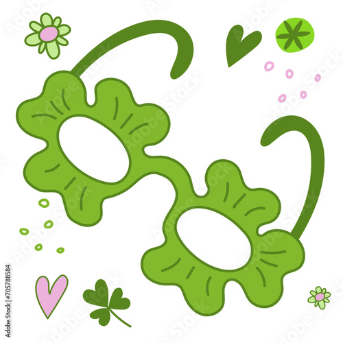 Green glasses with a three-leaf clover St. Patrick's Day symbol and accessories Vector illustration