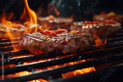  a close up of a steak on a grill with flames coming out of the grill and the meat on the grill has been grilled and is ready to be cooked.