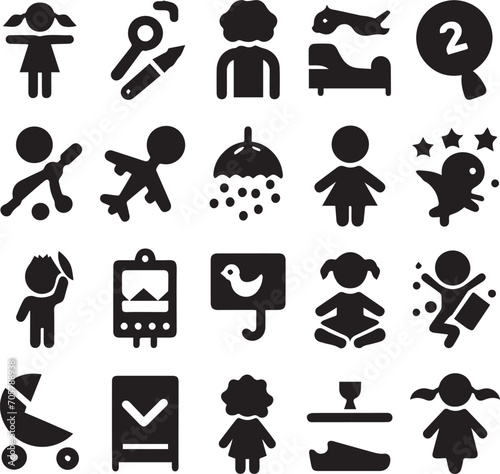 Set of silhouettes kids baby children editable vector icon in various poses