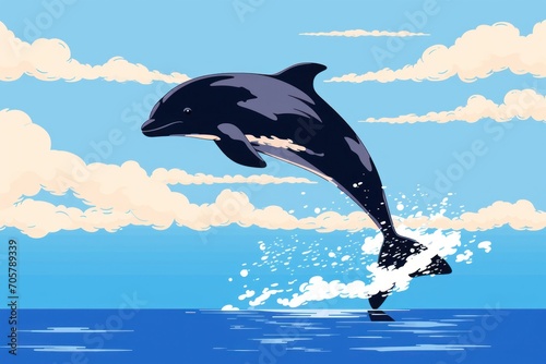  a painting of a dolphin jumping out of the water in front of a blue sky with white clouds and a blue sky with white clouds and blue sky with white clouds.