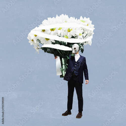 Contemporary art collage. Young man in protective gas mask holding huge bunch of flowers for his beloved girlfriend. Concept of Happy Valentines day, relationship, love and romantic. Ad photo