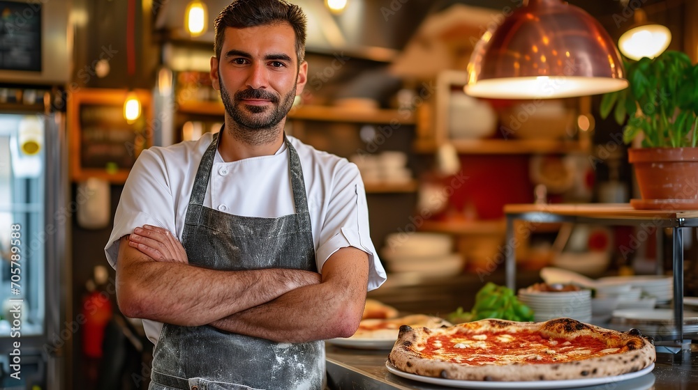 An expert chef making pizza in a restaurant kitchen, shown in close-up, Generative AI.