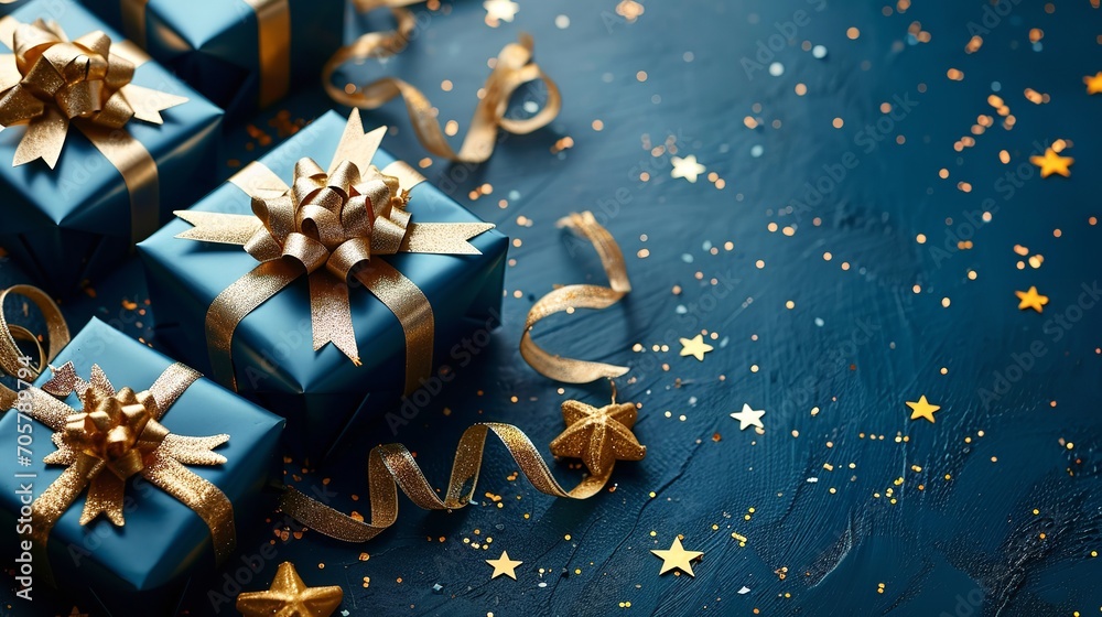 Three blue Christmas gift boxes decorated with confetti and gold bows, Generative AI.
