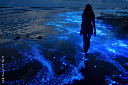 Woman walking on beach with blue fluorescent plankton in tropical ocean