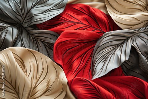  a close up of a red, white, and grey fabric with a flower design on the bottom of the fabric and a leaf design on the bottom of the fabric.