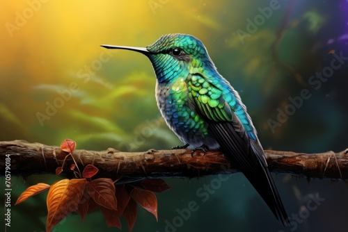  a painting of a colorful bird sitting on a branch in front of a background of leaves and a tree branch with a yellow and blue bird on it's head.