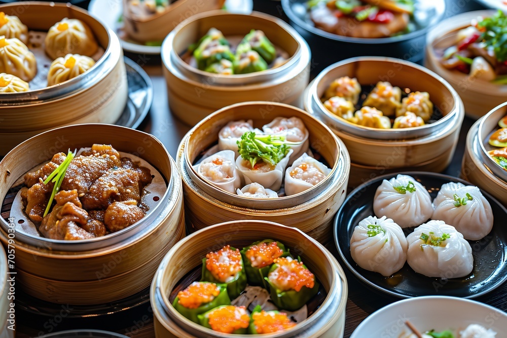 Several Asian foods in a clean backdrop with a top view, Generative AI. Several Asian foods in a clean backdrop with a top view, Generative AI.