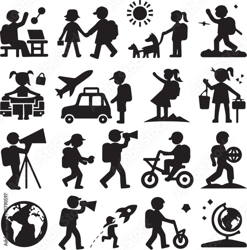 Set of silhouettes kids baby children editable vector icon in various poses
