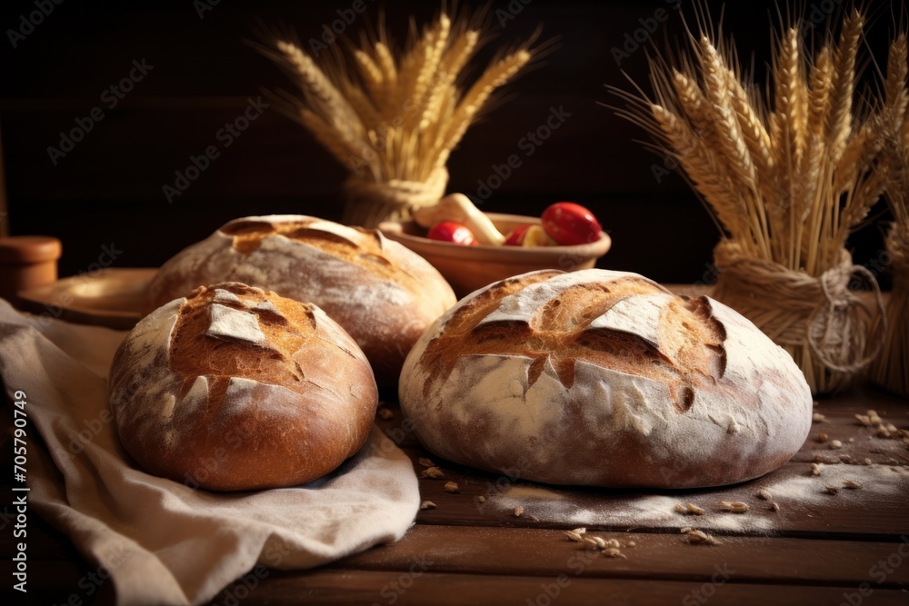  three loaves of bread sitting on a table next to a basket of strawberries and a bowl of strawberries and a basket of strawberries in the background.