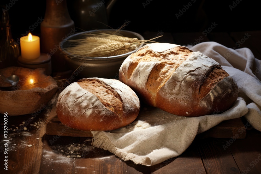  two loaves of bread sitting on top of a table next to a bowl of oatmeal and a candle with a cloth on top of a wooden table.