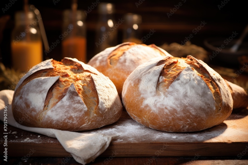  three loaves of bread sitting on top of a cutting board next to a glass of orange juice and a bottle of orange juice on the side of the table.