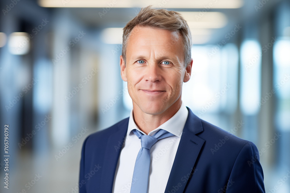 Naklejka premium Corporate Leader Potrait: Confident Executive in Business Attire at Modern Office - Professional Success, Corporate Strategy, Leadership, Entrepreneur