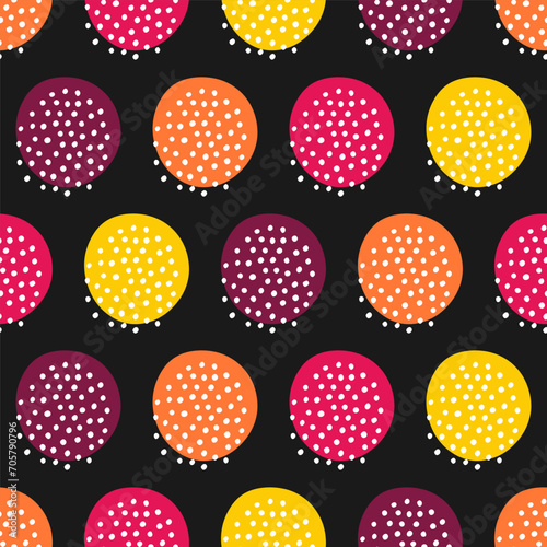 Seamless pattern with colorful circles and white dots with black background