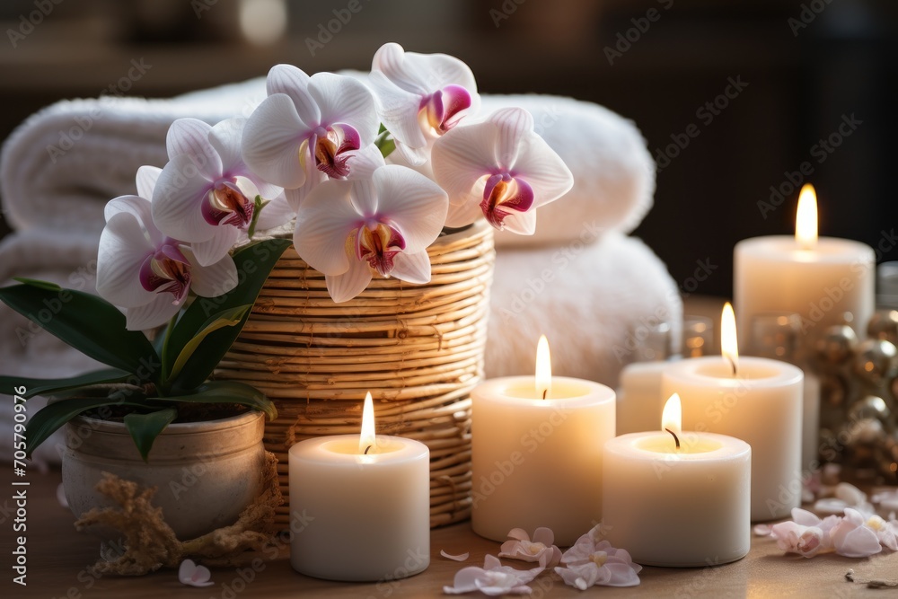  a basket filled with lots of white candles next to a bunch of white flowers and a bunch of white candles sitting on a table next to a basket with white towels.