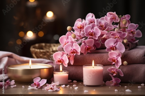  a couple of candles sitting on top of a wooden table next to a bowl of flowers and a bowl of salt on top of a table with a cloth on it.
