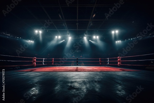 Boxing ring with red ropes and spotlights in a dark room, Epic empty boxing ring in the spotlight on the fight night, AI Generated