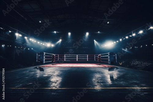 Boxing ring in a dark room with light and spotlights, Epic empty boxing ring in the spotlight on the fight night, AI Generated