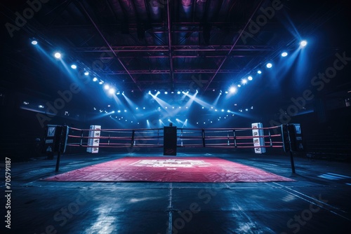 Boxing ring in a dark room with bright spotlights and smoke, Epic empty boxing ring in the spotlight on the fight night, AI Generated photo