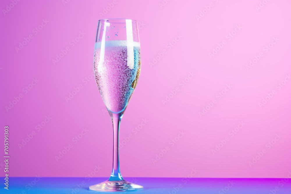  a close up of a wine glass with a liquid inside of it on a blue and pink surface with a pink back ground and a pink wall in the background.