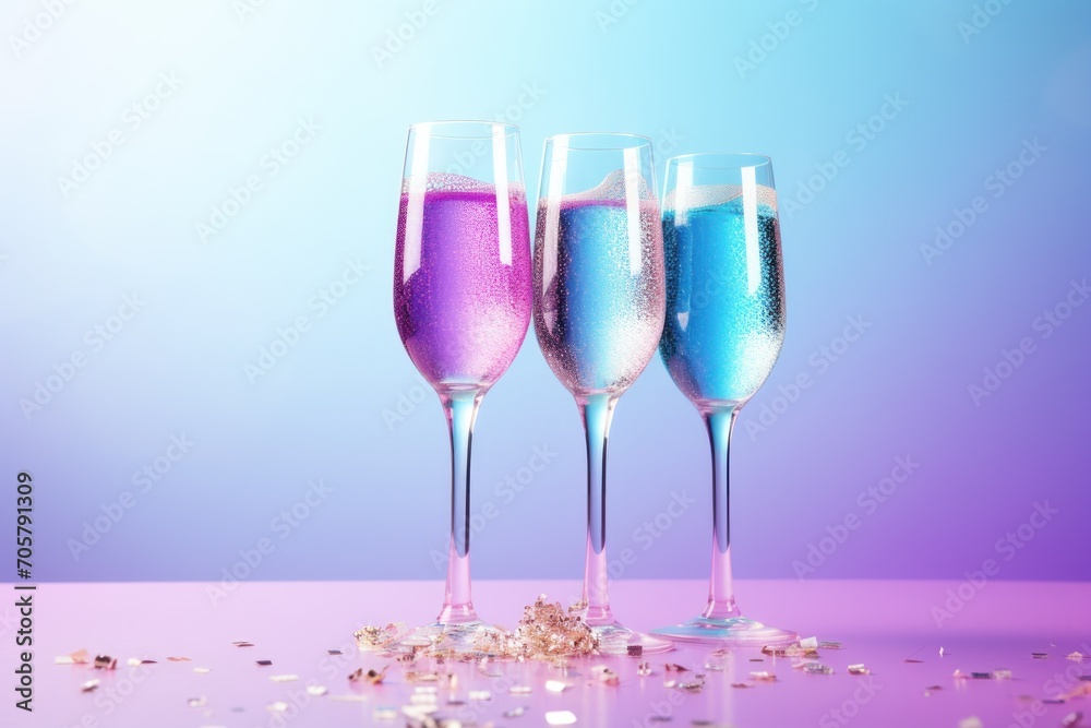 three wine glasses filled with colored liquid and scattered confetti on a purple and blue background with confetti sprinkles on the bottom of the glasses. three wine glasses filled with colored liquid and scattered confetti on a purple and blue background with confetti sprinkles on the bottom of the glasses.