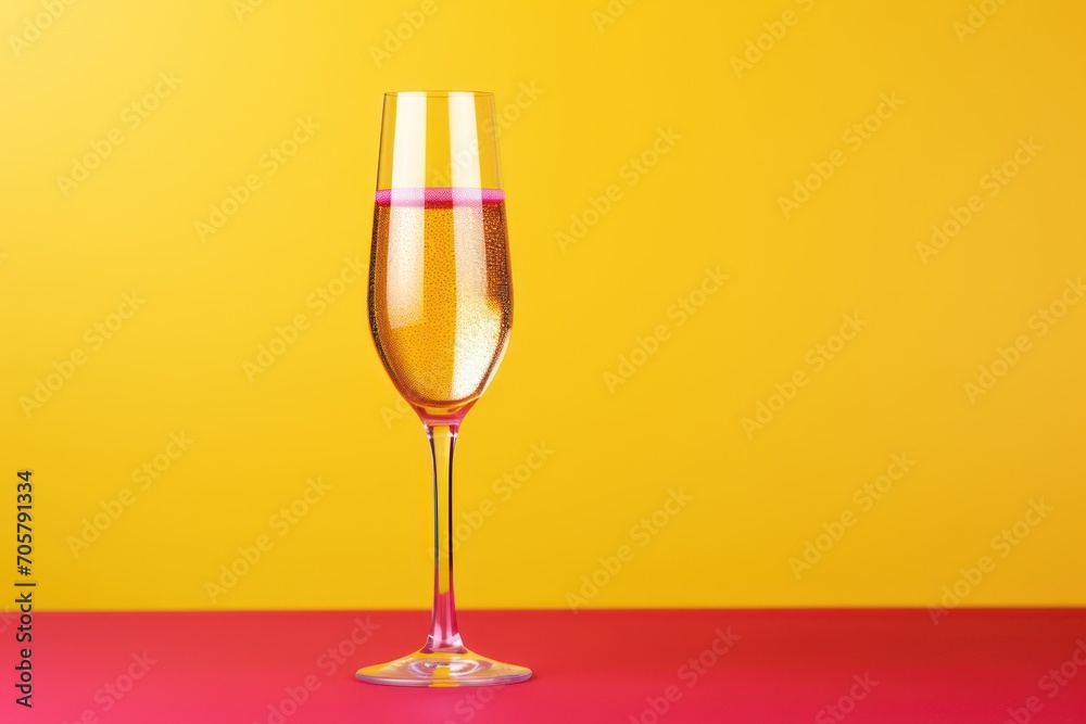  a close up of a glass of wine on a table with a yellow wall in the background and a red table with a red table and yellow table cloth in the foreground.