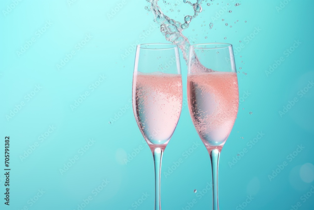 a pair of champagne flutes filled with pink liquid on a blue background with bubbles of water coming out of the top and the bottom of the glasses to the bottom of the glasses. a pair of champagne flutes filled with pink liquid on a blue background with bubbles of water coming out of the top and the bottom of the glasses to the bottom of the glasses.