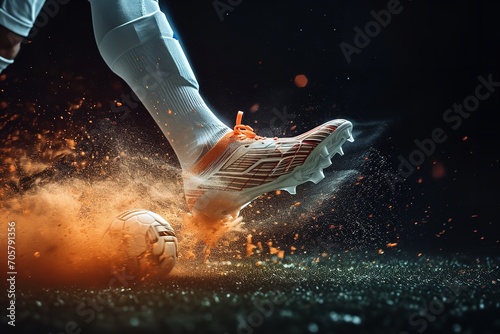 Soccer player kicks the ball in motion in a three-dimensional depiction, close shot, active, Generative AI. photo