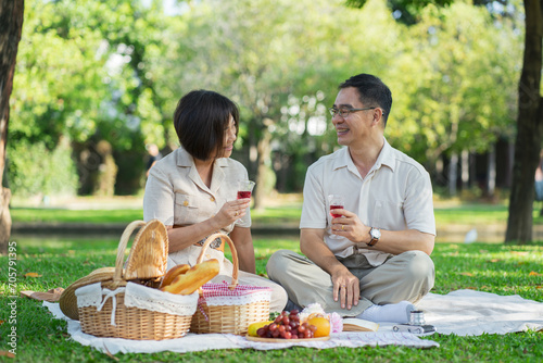 Senior middle aged couple happily embracing and drinking together during a picnic in the park outdoors. © kenchiro168