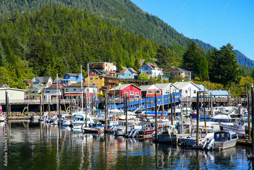 Sailboats in the marina of Ketchikan, the southernmost city of Alaska, surrounded by the Tongass National Forest