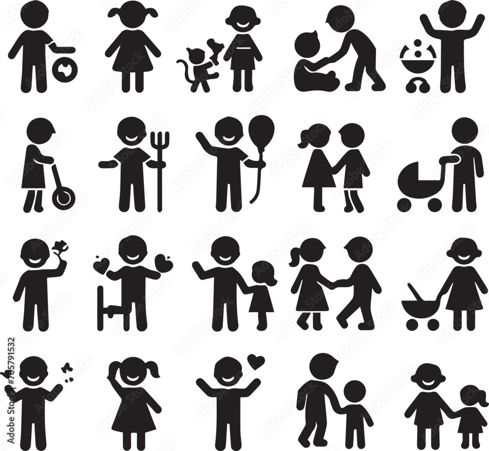 Set of silhouettes kids baby children editable vector icon in various poses Set of silhouettes kids baby children editable vector icon in various poses