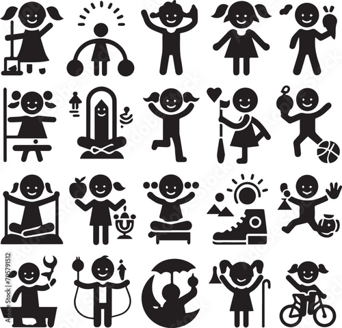 Set of silhouettes kids baby children editable vector icon in various poses