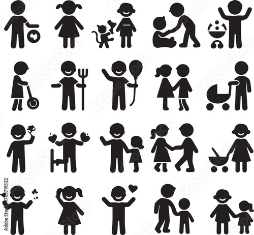 Set of silhouettes kids baby children editable vector icon in various poses