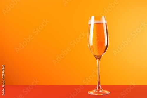  a glass of champagne sitting on top of a red table next to a yellow wall in front of a yellow wall with a red floor and orange wall in the background.