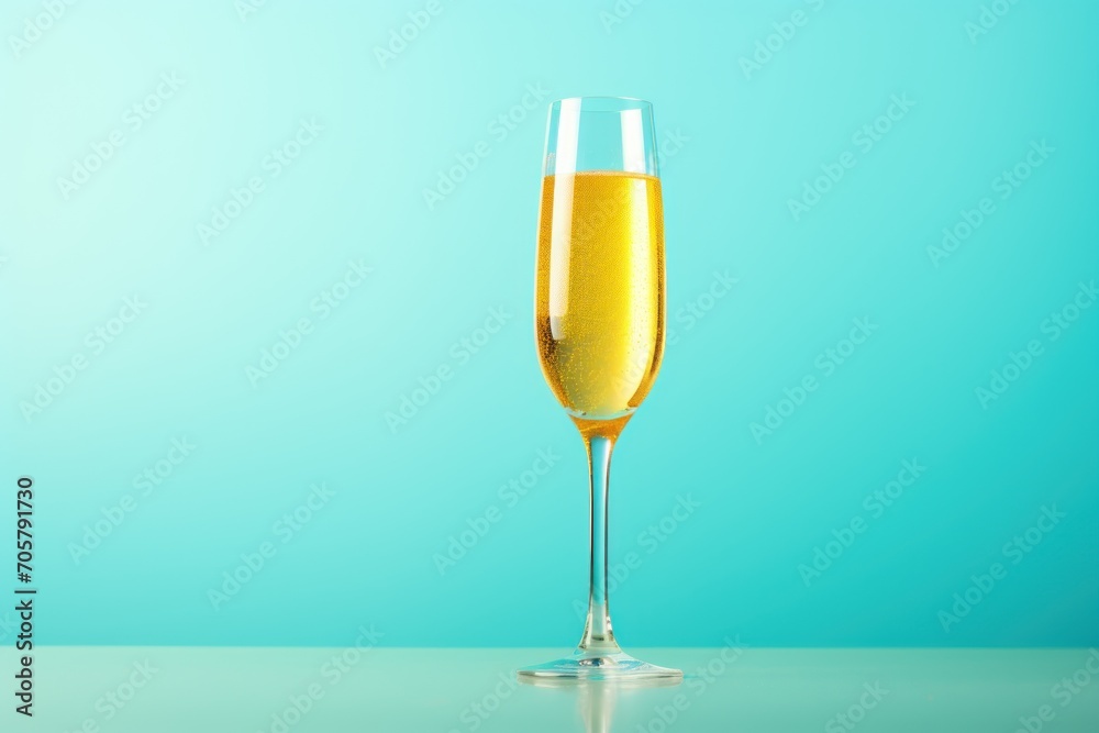  a glass of champagne sitting on a table next to a teal blue background with a reflection of the glass in the glass and the bottom half of the glass.