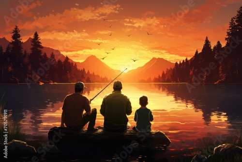 Father and son fishing on a lake at sunset. Concept of friendly family, Family dad and two sons are fishing at sunset, AI Generated photo