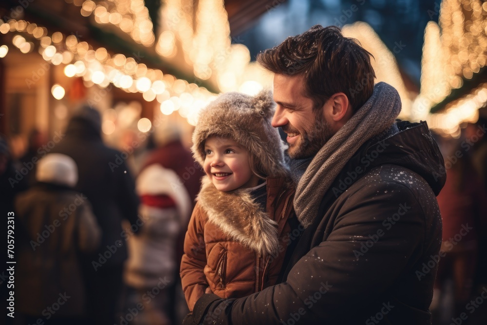 Happy father and his adorable little daughter on Christmas market in Germany, Father and child having wonderful time on traditional Christmas market on winter evening, AI Generated