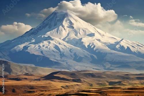  a large snow covered mountain in the middle of a desert with a few clouds in the sky over the top and below it is a blue sky with a few white puffy clouds.