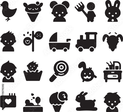 Set of silhouettes kids baby children editable vector icon in various poses