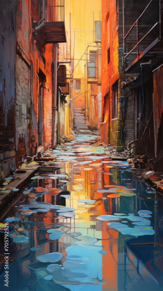  a painting of a narrow alleyway with a reflection of the sky on the water and buildings on the other side of the alleyway, with a yellow sky and orange.
