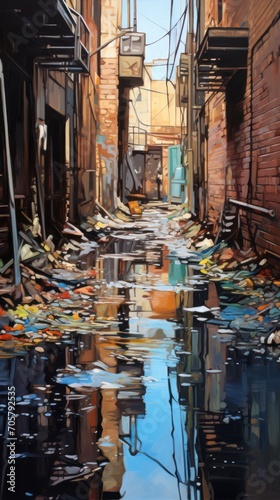  a painting of a narrow city street with a puddle of water in the middle of the street and buildings on either side of the street are reflected in the water.
