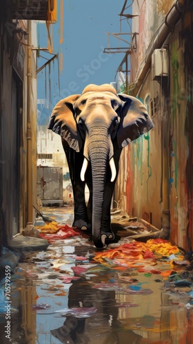  a painting of an elephant standing in a narrow alleyway with graffiti all over it s walls and covering it s face with it s trunk  it s trunk  it s trunk  it s trunk  it s trunk  it s trunk .