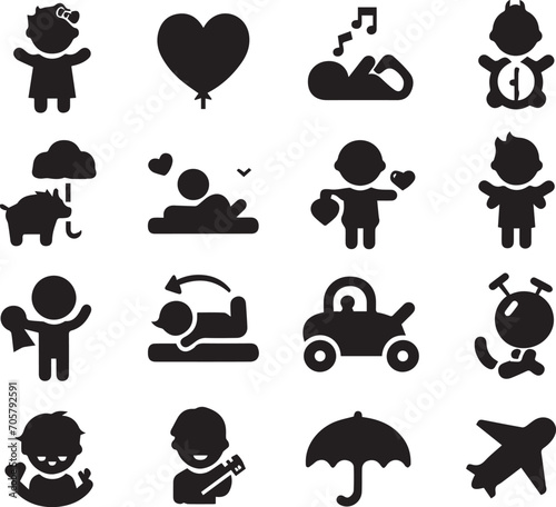 Set of silhouettes kids baby children editable vector icon in various poses
